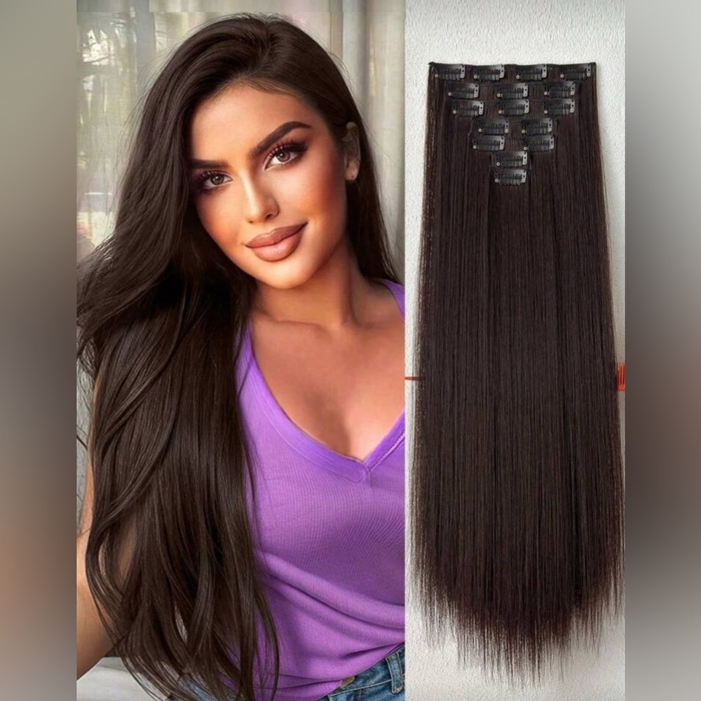 22” Human Hair Blend Clip-In Extensions Long Straight Soft, Full & Natural Look - Picture 1 of 9